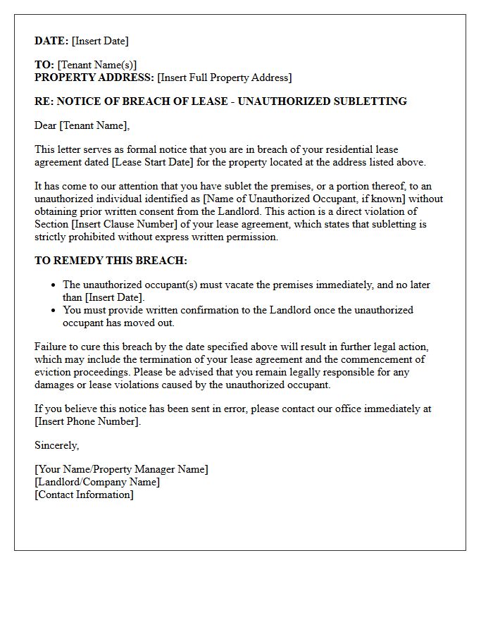 Illegal Subletting Breach Of Lease Letter