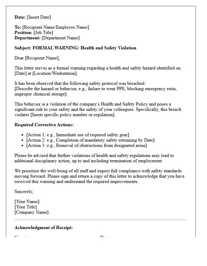 Health And Safety Hazard Warning Letter
