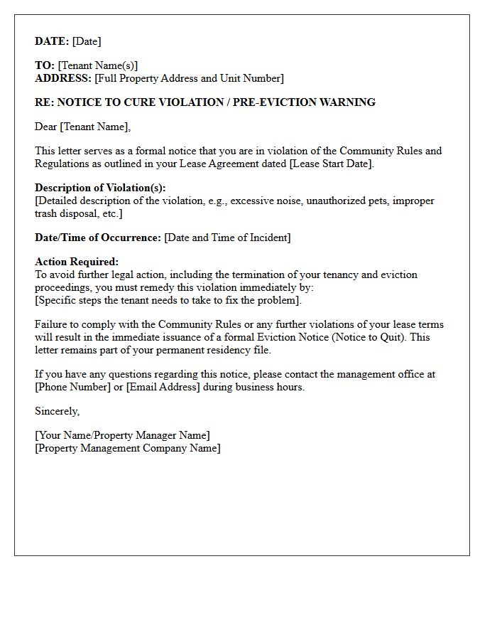 Community Rules Violation Pre-Eviction Letter