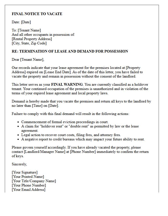 Holdover Tenant Final Warning Letter