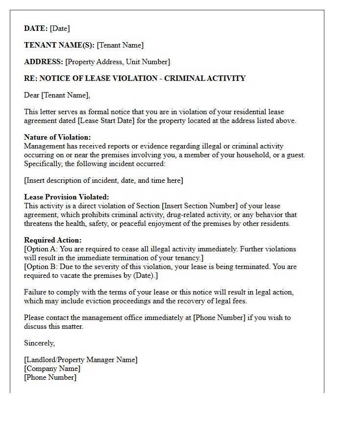 Criminal Activity Lease Violation Letter