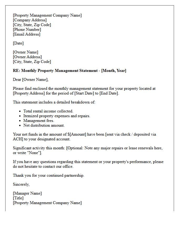 Standard Monthly Owner Statement Cover Letter