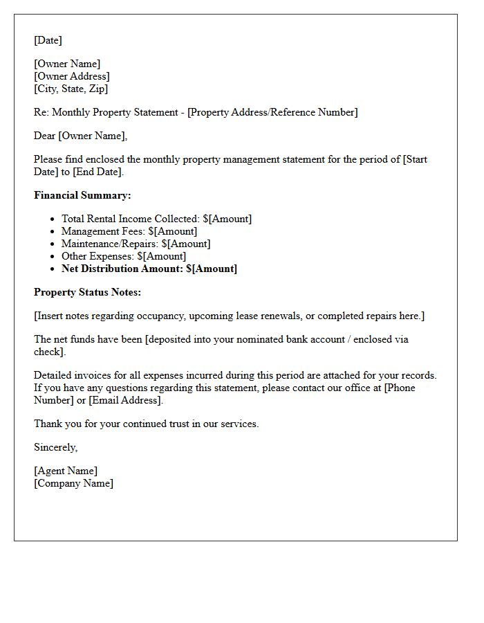 Residential Property Monthly Owner Statement Letter