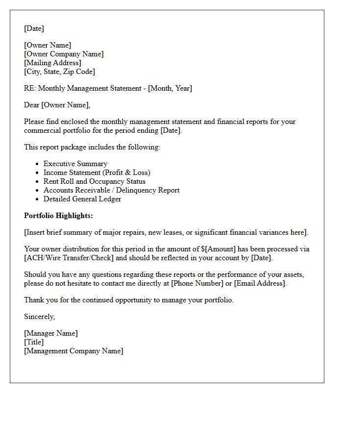 Commercial Portfolio Monthly Owner Statement Cover Letter