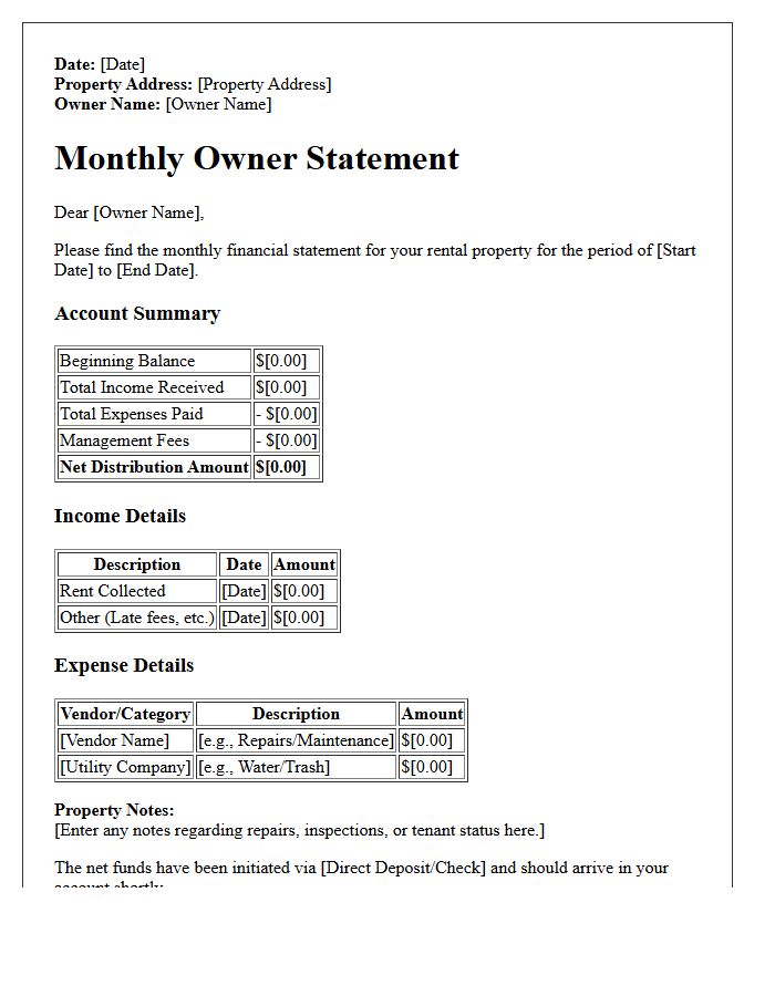 Single Family Rental Monthly Owner Statement Letter