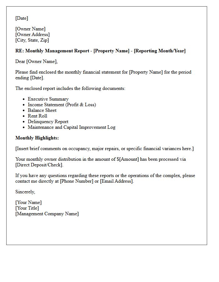 Multi Family Complex Monthly Owner Statement Cover Letter