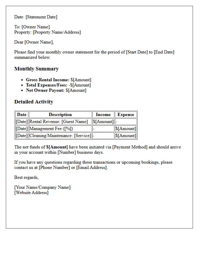 Vacation Rental Monthly Owner Statement Letter