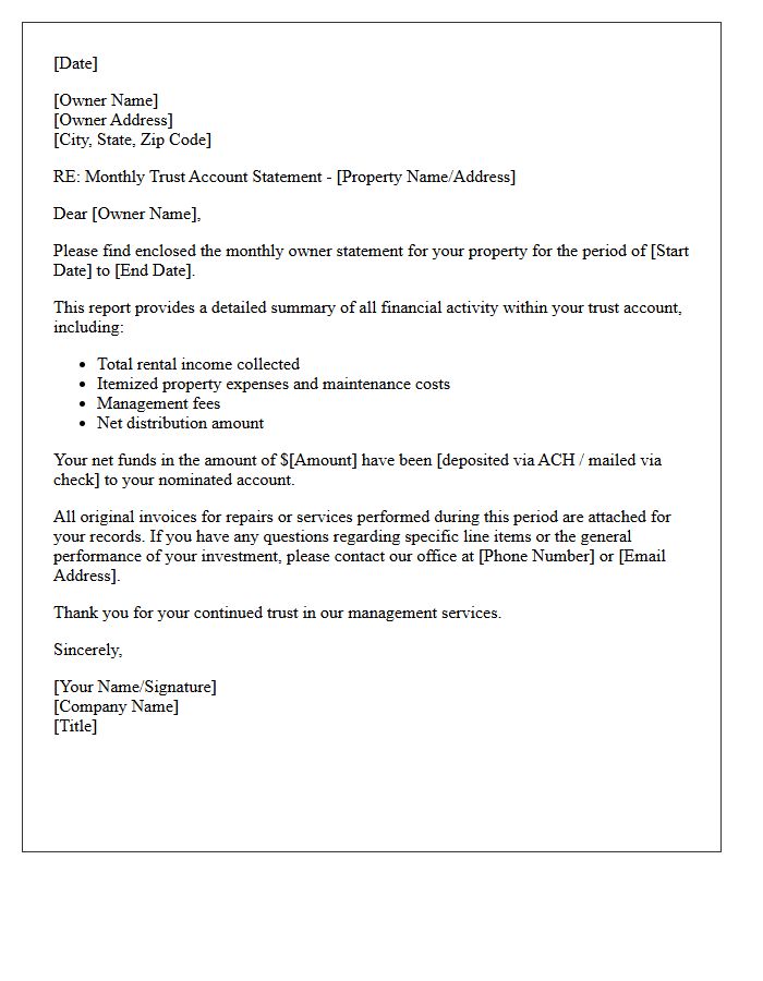 Real Estate Trust Monthly Owner Statement Cover Letter