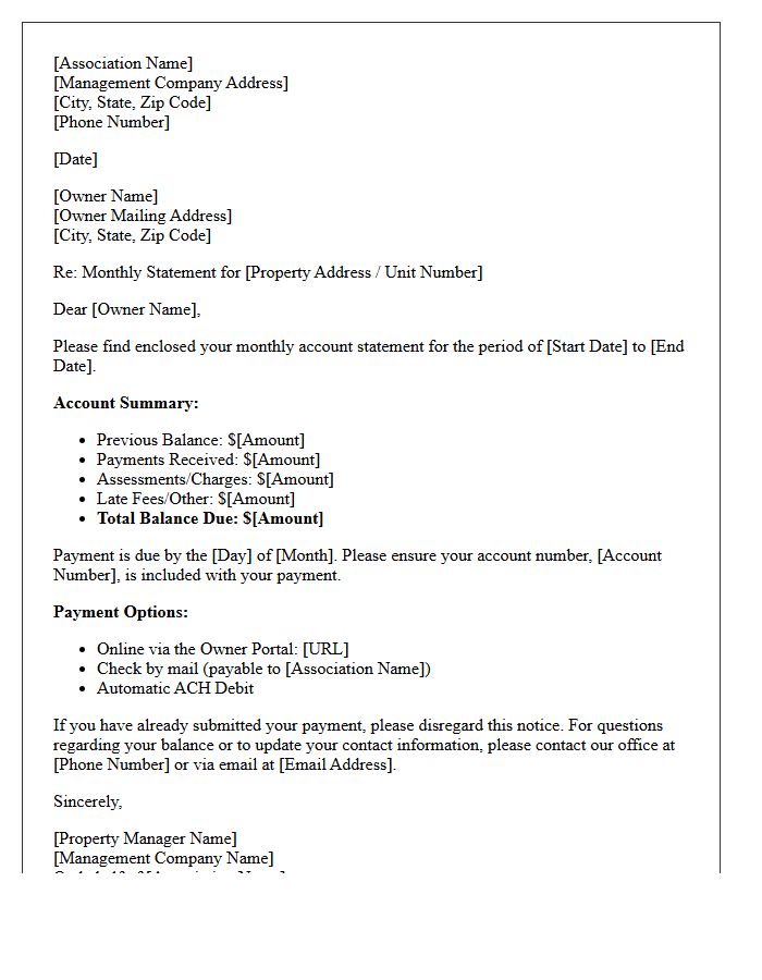 Association Management Monthly Owner Statement Letter