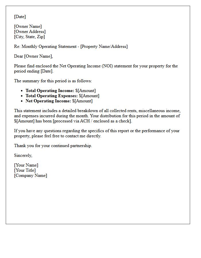 Net Operating Income Monthly Owner Statement Cover Letter