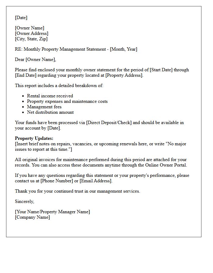Property Management Monthly Owner Statement Cover Letter