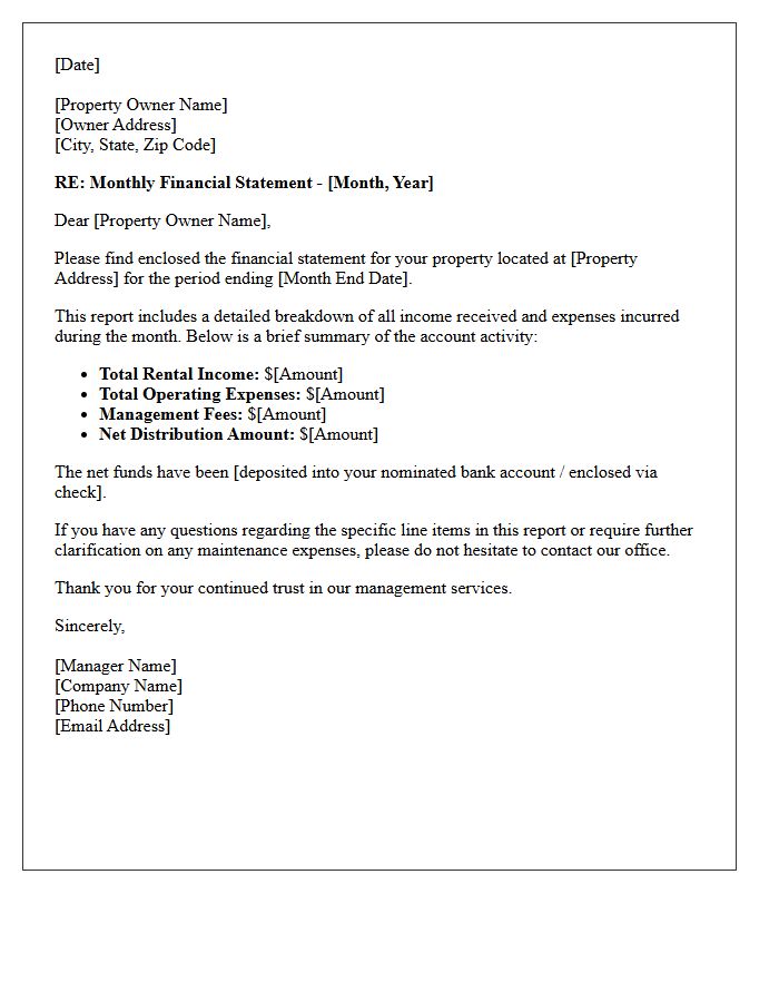 End Of Month Financial Owner Statement Letter
