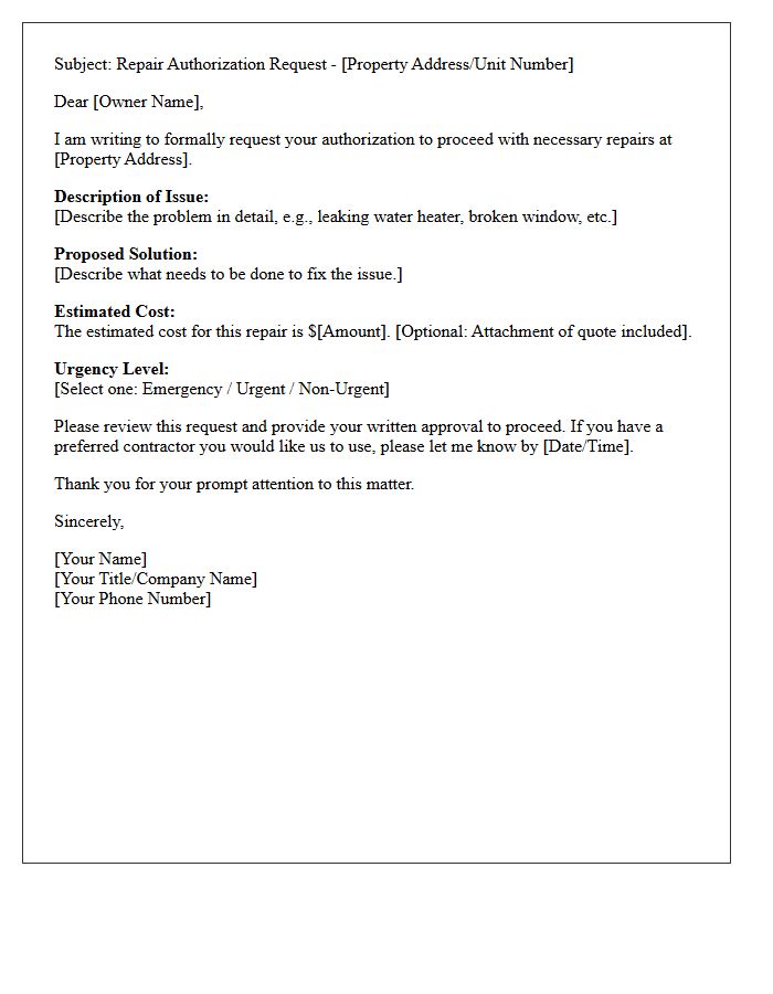 Owner Repair Authorization Request Letter