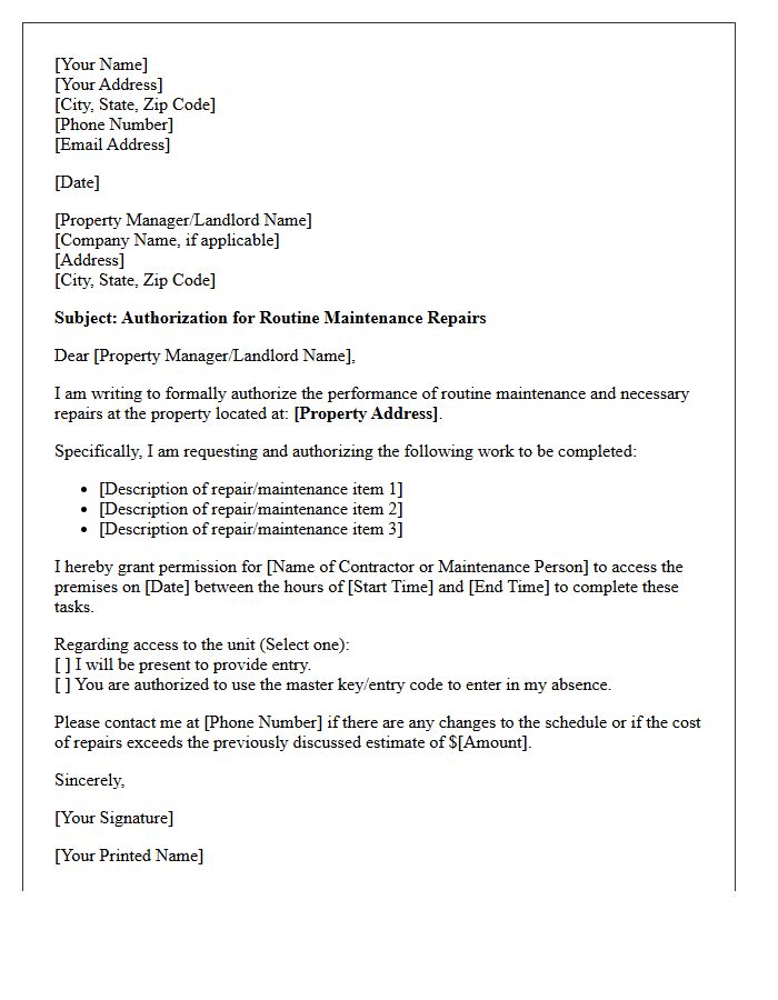 Routine Maintenance Repair Authorization Letter