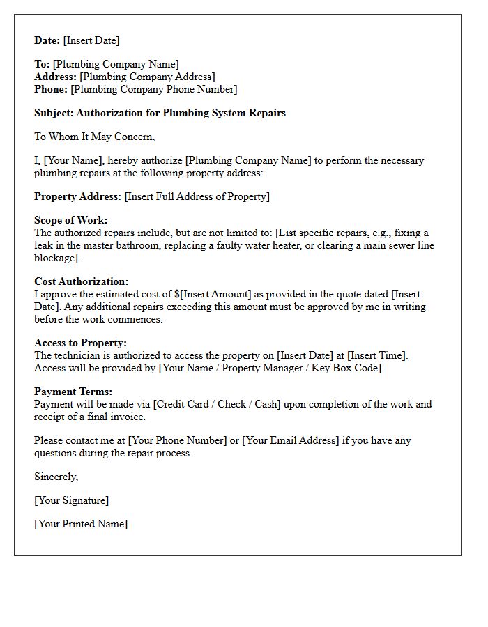 Plumbing System Repair Authorization Letter