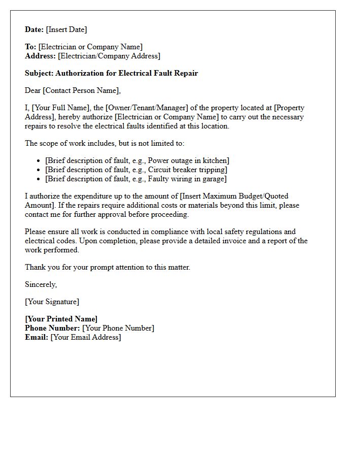 Electrical Fault Repair Authorization Letter