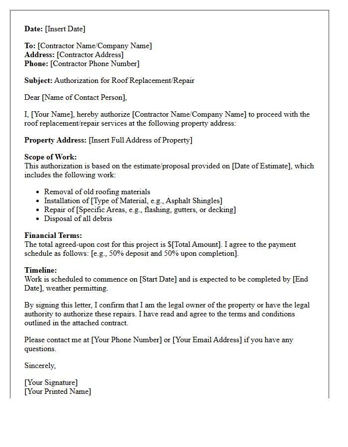 Roof Replacement Repair Authorization Letter