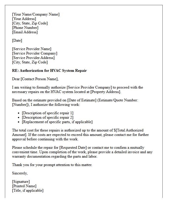 HVAC System Repair Authorization Letter
