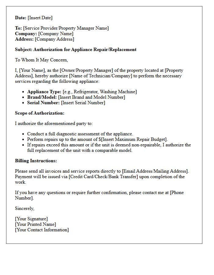 Appliance Replacement Repair Authorization Letter