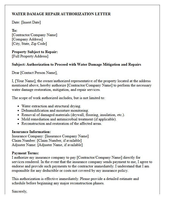 Water Damage Repair Authorization Letter