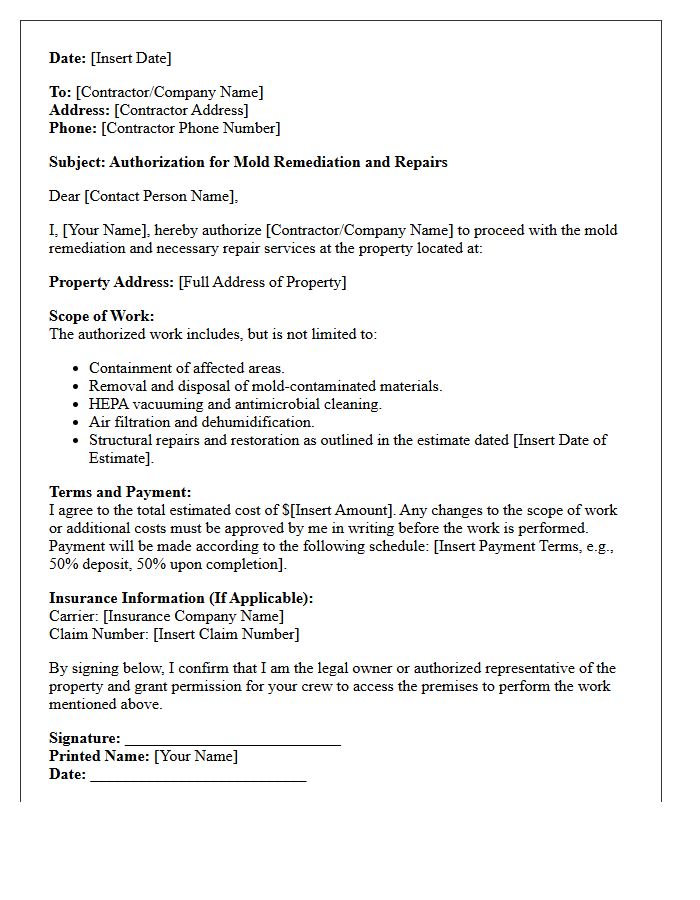 Mold Remediation Repair Authorization Letter