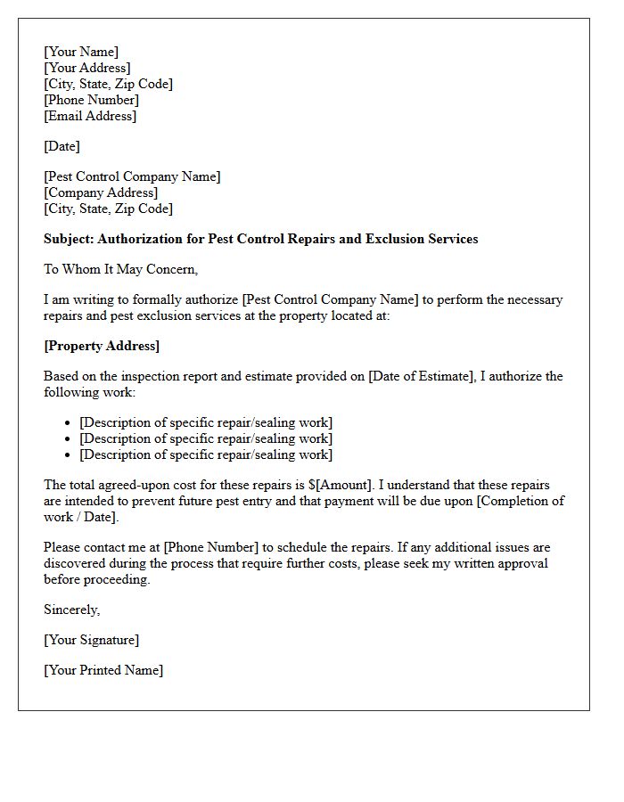 Pest Control Repair Authorization Letter
