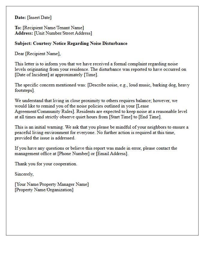 Initial Noise Complaint Warning Letter