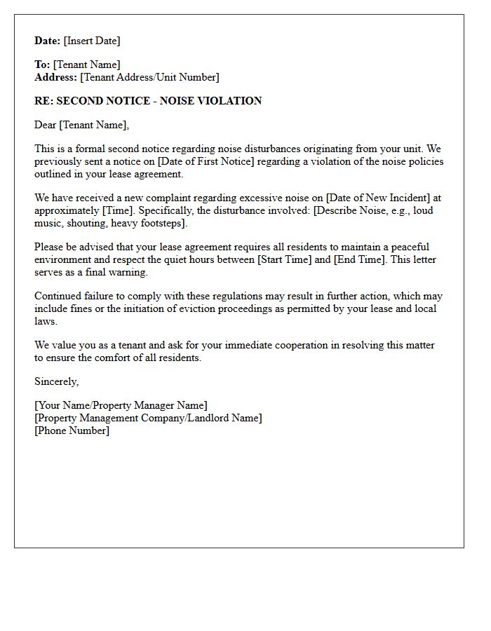 Second Notice Noise Violation Letter