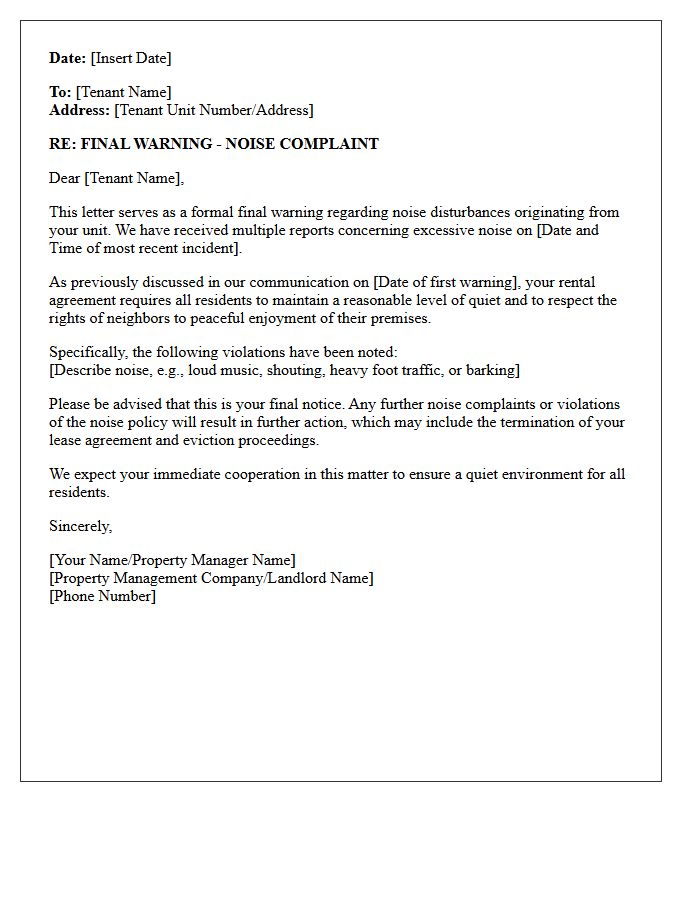Final Warning Noise Complaint Letter