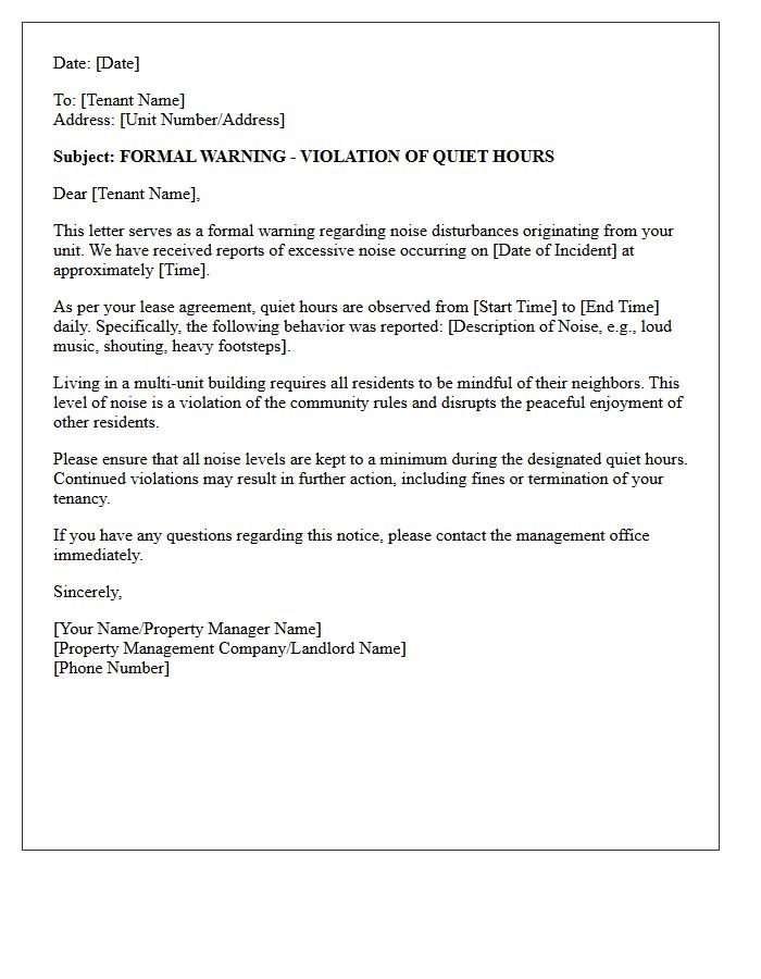 Quiet Hours Disturbance Warning Letter