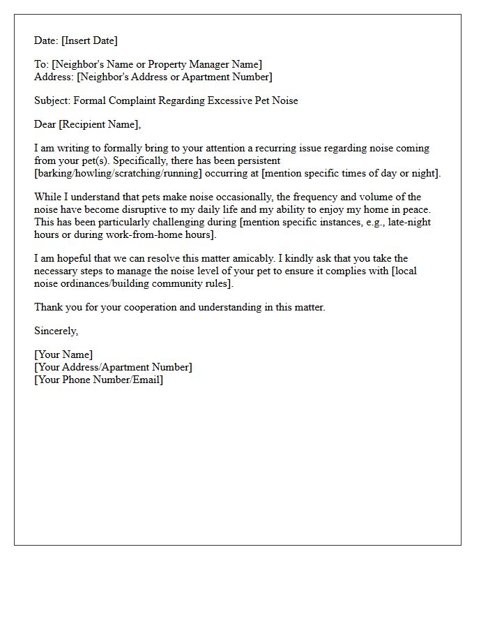 Excessive Pet Noise Complaint Letter