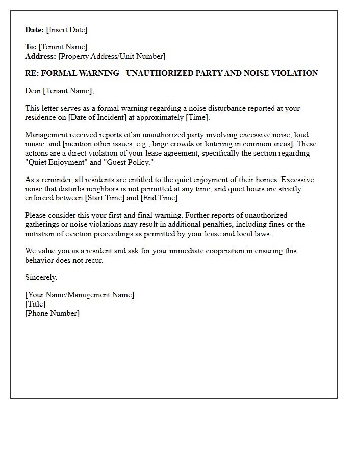 Unauthorized Party Noise Warning Letter