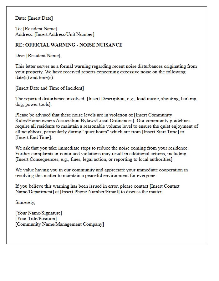 Community Nuisance Noise Warning Letter
