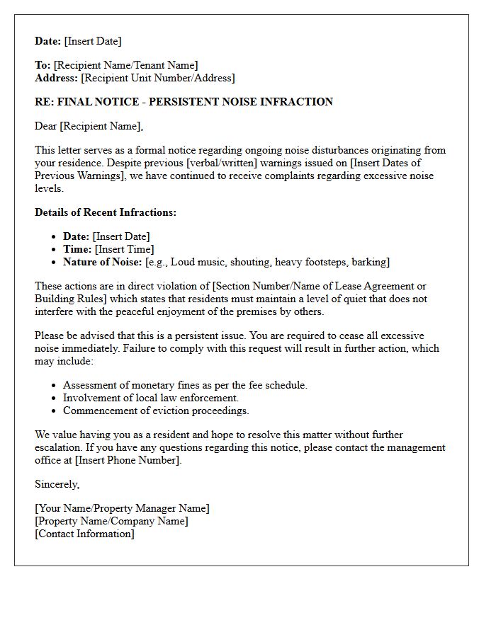 Persistent Noise Infraction Notice Letter