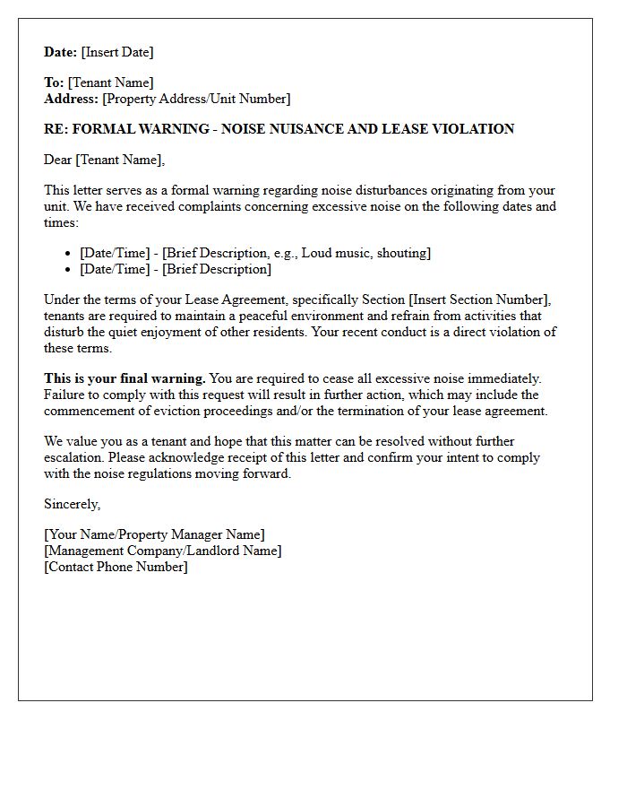 Pre-Eviction Noise Nuisance Warning Letter