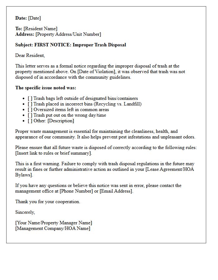 First Notice of Improper Trash Disposal Letter