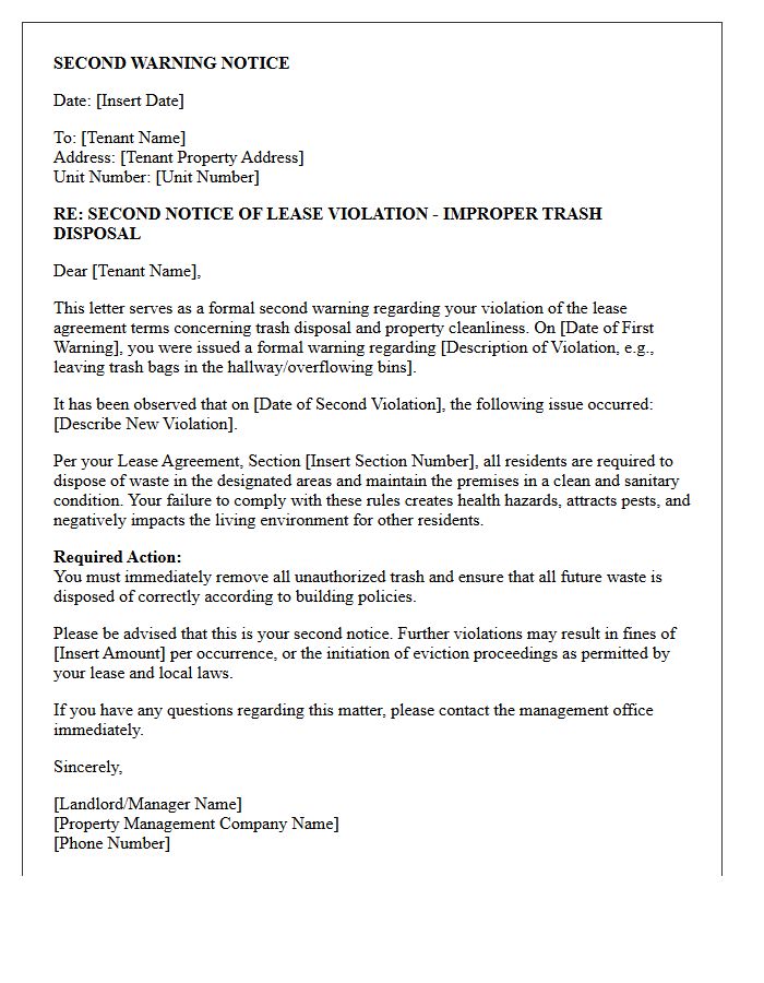 Second Warning Letter for Lease Violation Regarding Trash
