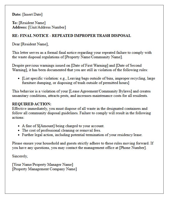 Final Notice Letter for Repeated Improper Trash Disposal