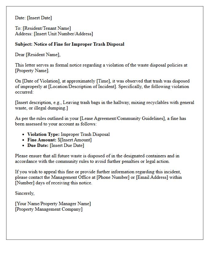 Imposition of Fine Letter for Improper Trash Disposal