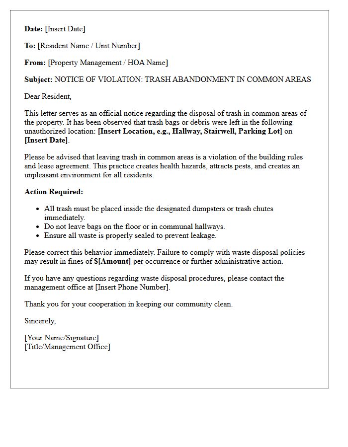 Notice Letter for Trash Abandonment in Common Areas