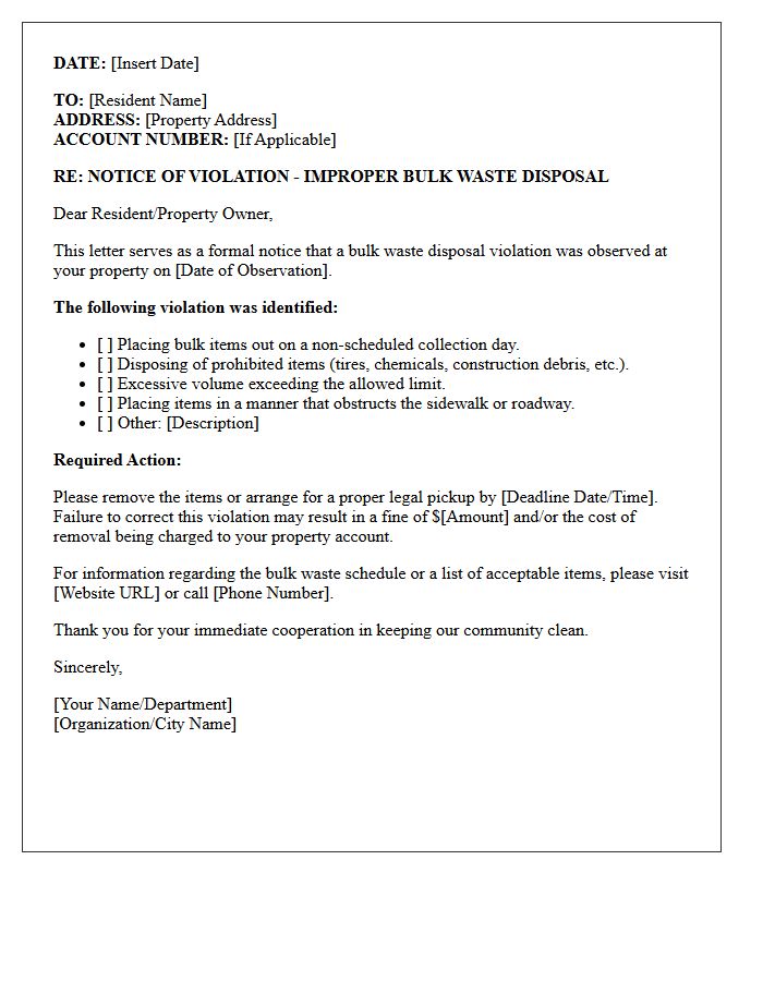Bulk Waste Improper Disposal Violation Letter