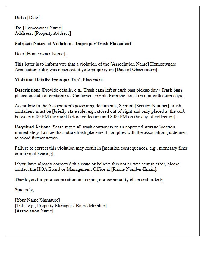 Homeowners Association Violation Letter for Improper Trash Placement