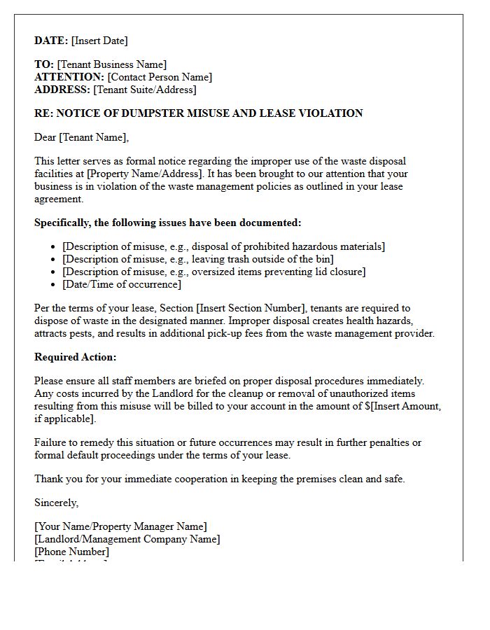 Commercial Tenant Notice Letter for Dumpster Misuse