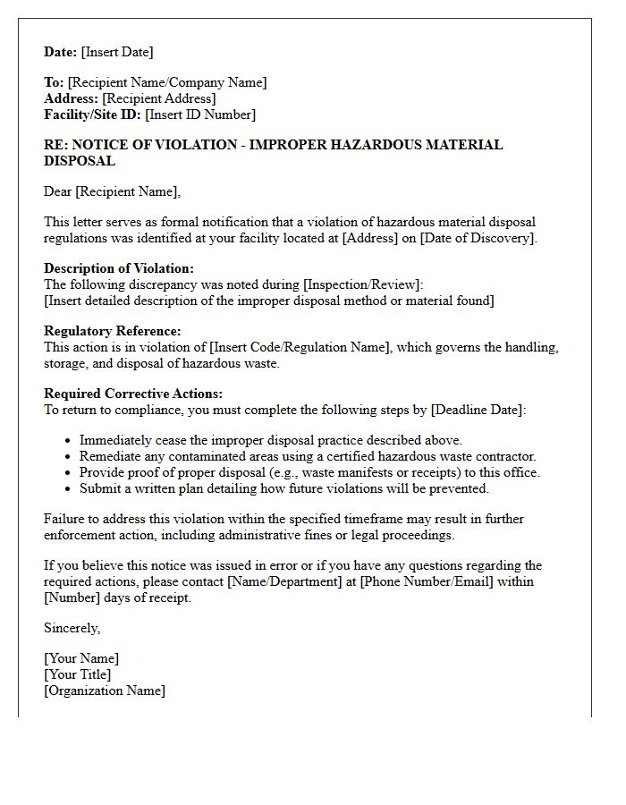 Notice Letter for Hazardous Material Disposal Violation