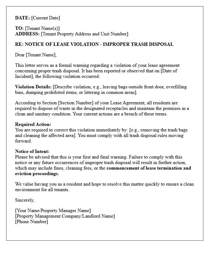 Lease Termination Warning Letter for Trash Disposal Violations
