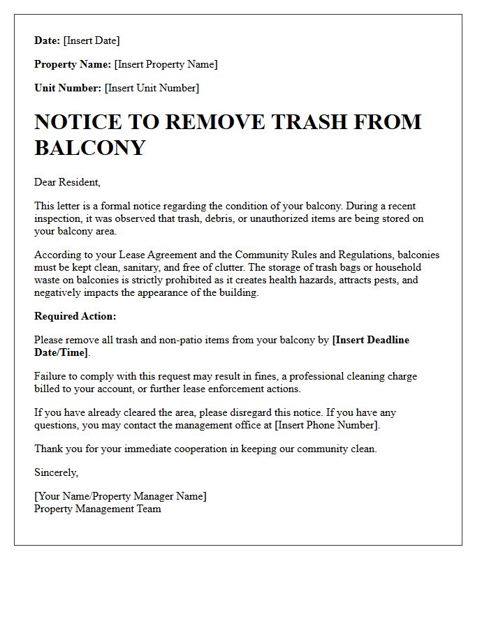 Property Management Letter Regarding Balcony Trash Storage
