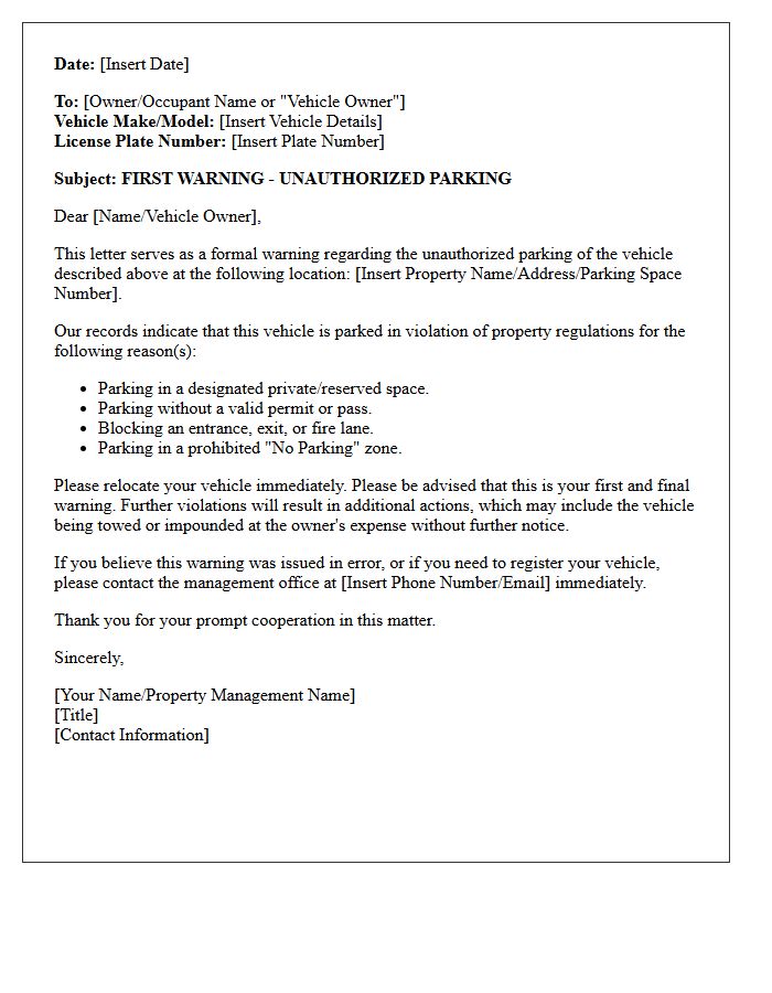 First Warning Unauthorized Parking Letter