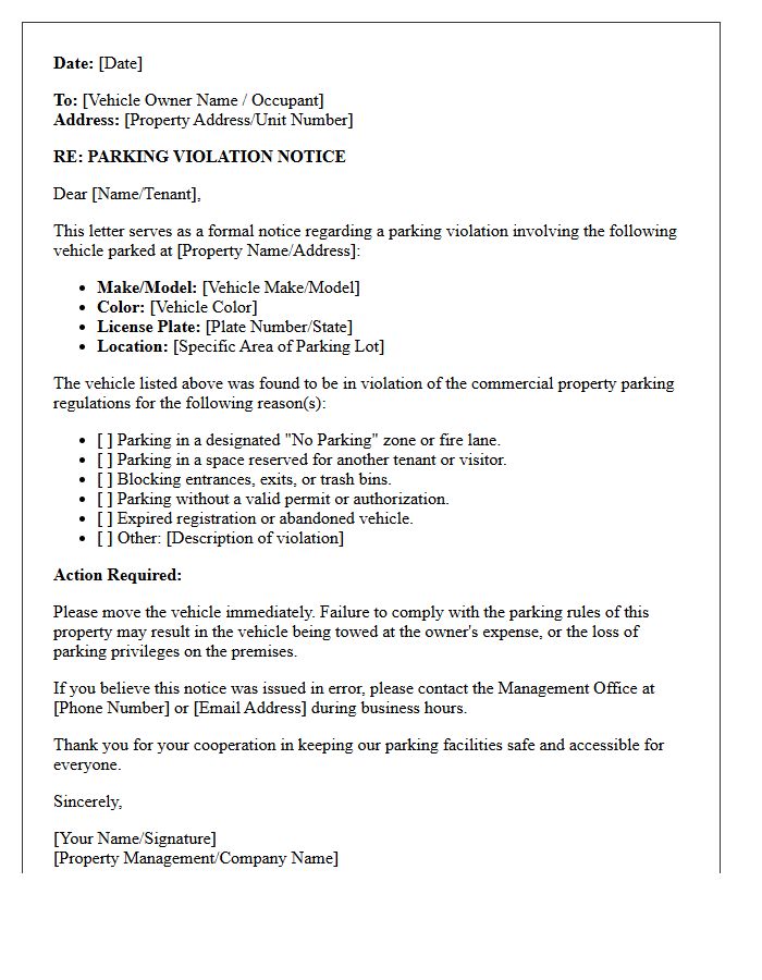 Commercial Property Parking Violation Letter