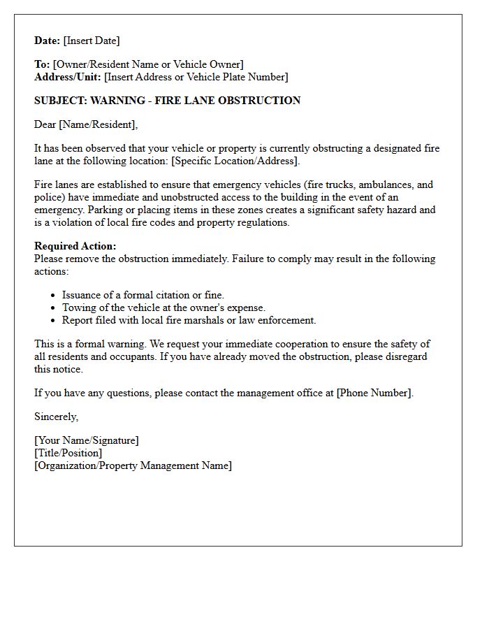 Fire Lane Obstruction Warning Letter