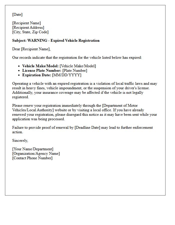 Expired Vehicle Registration Warning Letter